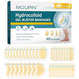MQUPIN 40 Pieces Blister Plasters for Feet, Invisible Hydrocolloid Patches, Waterproof Hydrocolloid Plasters with 4 Sizes, Blister Gel Bandage for Toe, Foot, Heel Protection and Blister Prevention