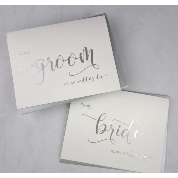 Set of 2 Silver Foil Wedding Day Cards with Silver Shimmer Envelopes, To My Bride on our Wedding Day Card, To My Groom on our Wedding Day Card