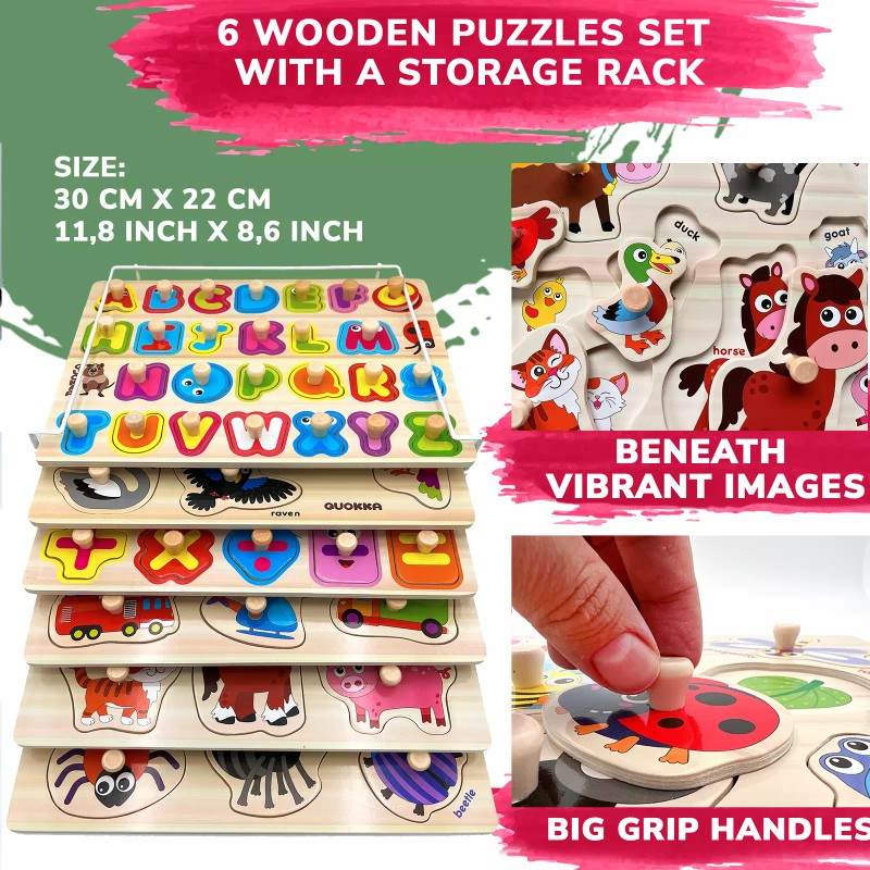QUOKKA Wooden Puzzles for Toddlers 1-3 | 6 Pack with