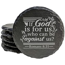 Faith and Hope: Laser Etched Faith-Based Inspiration: "If God is for Us" Coasters - Round Slate - set of 5