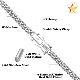 CG&KYGG 6mm Miami Cuban Link Chain 14K White Gold Plated 316L Stainless Steel Solid Necklace for Mens Womens(Double Safety Clasp, Christmas or Birthday Gift)(6mm,20inch)