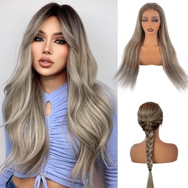 18 Inch Highlights Brown Human Hair Wigs for White Women Ombre Ash Brown Mixed Balayage Blonde with #3 Brown Roots 13x6 HD Glueless Lace Front Wig Human Hair 180% Density Pre Plucked Bleached Knots