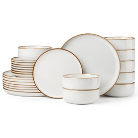 Herogo 24 Pieces Stoneware Dinnerware Dishes Set for 8, Kitchen Handmade Dining Plates and Bowls Sets, Double Reactive Glaze, Microwave & Dishwasher Safe, Scratch Resistant, Ivory White