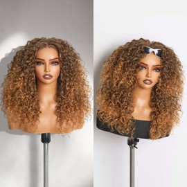 GORGIUS Brown to Blonde Ombre Curly Wig Glueless Synthetic Lace Front Wigs Pre Cut Pre Plucked Hairline 20 Inch