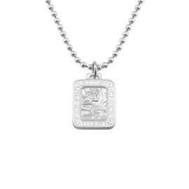 Get Back Necklaces | Rectangle St. Christopher Surf Necklace, 17mm x 14mm Rectangle Pendant, 24" Aluminum Ball Chain (Silver/White)