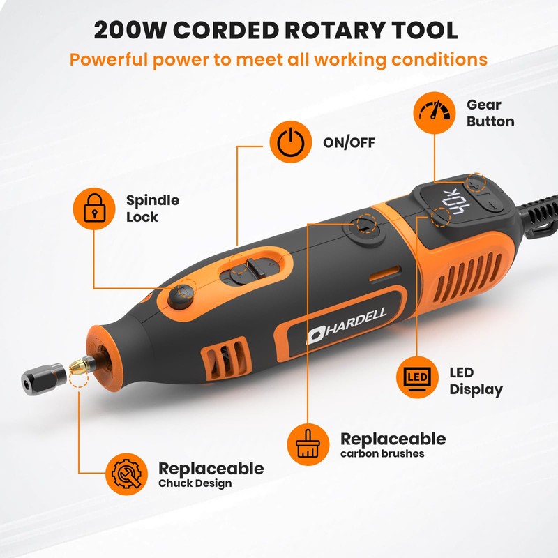 200W Corded Rotary Tool Kit with Fine Speed Control &