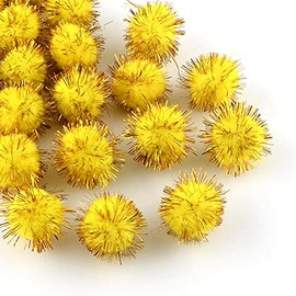 Pack of 100 Plush Pompoms with Gold Glitter, Round Pompom, Yellow Colour Set, 15 mm Bobble Sewing Tilda Craft Border Balls Fluffy Plush Balls for Funny DIY Creative Crafts