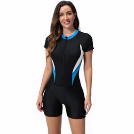 Women's One Piece Boyleg Swimsuits Sports Athletic Training Bathing Suit Color Block Rash Guard Short Sleeve Zipper Front Surfing Diving Swimming Costume Ladies Wetsuit Modest Swimwear Black + Blue S