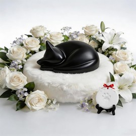 Sleeping cat Funeral urn, Kitty Pet Memorial Keepsake for Ashes with Paw Print Kit, Black Resin, 8.2 x 6.1 x 3.5 inches