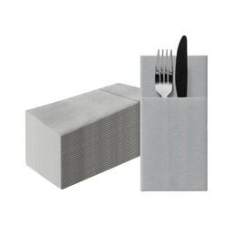 PAW - Linen Feel Napkins with Built-in Flatware Pocket, Airlaid Paper Pre-Folded Napkins for Silverware, Wedding Party, Dinner, Birthday, Gatherings, Monocolor Silver, 50 Count