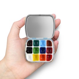 Portable Mini Tin Box,12-Well Empty Watercolor Palette,Small Paint Storage Travel Artist Outdoor Sketch Watercolor Kits with Magnetic Clip and Oil Pot.Wheat Field