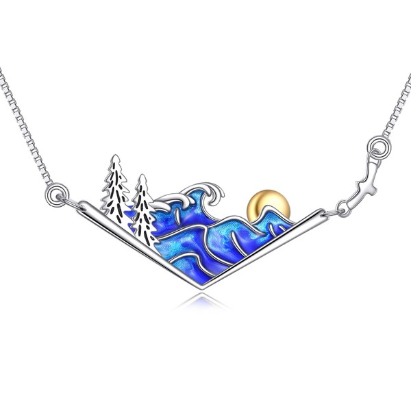 YAFEINI Wave Necklace Sterling Silver 3D Ocean Wave Sun Pendant