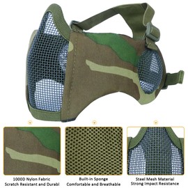 Hodeacc 3 Pcs Tactical Half Face Mesh Mask Set, Adjustable Airsoft Goggles with Ear Protection, Eye Protection Outdoor Hat for Outdoor Games