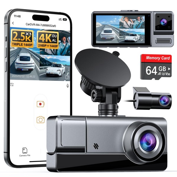 Icesky Three Channel Dash Cam Front and Rear Inside with