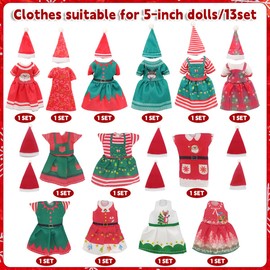 ZOOMIL Christmas Clothes for Mini Dolls, Christmas Doll Clothes, Pack of 13 Dolls, Christmas Clothes, Outfits, Dresses, Hat, for 5 Inch Doll Decorations