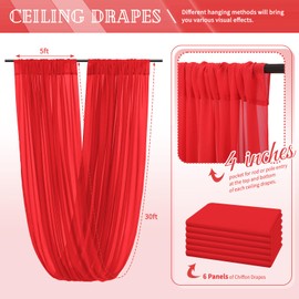 6 Panels Red Ceiling Drapes for Wedding 5ftx30ft Chiffon Fabric Arch Draping Curtains Sheer Drapery for Party Ceremony Birthday Baby Shower Reception Stage Swag Ceiling Decorations