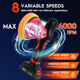 Cordless Car Buffer Polisher Kit with 2x21V Batteries, 6 Inch Car Polisher with 8 Variable Speed 2800-6000RPM & 21 PCS Attachments, Orbital Polisher for Car Detailing, Sanding,Scratch Removing