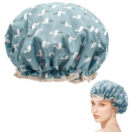 Shower Cap for Women, Elastic Band Waterproof Plastic Shower Cap, Double Layers Reusable With Ruffled Edge Covering Ears for Long, Short and Curly Hair (Blue Bird)