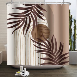 Leowefowa Mid Century Shower Curtain Boho Abstract Brown Leaves Modern Minimalist Rainbow Sun Geometric Shower Curtains Aesthetic Plant Palm Leaf Bathroom Decor Polyester Fabric 72x72 inch