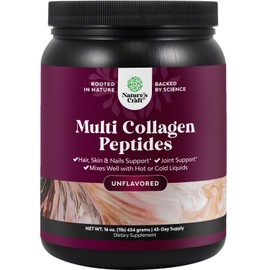 Natures Craft Multi Collagen Protein Powder for Women and Men - Keto Hydrolyzed Collagen Peptides 45 Servings Hair Skin and Nails Vitamins - Unflavored Bovine Type 1 3 for Bone Joint Support - 454g