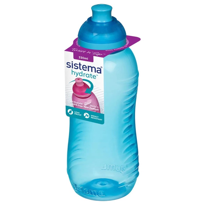 3 Sistema 330ml Twist n Sip Drink Bottles, Blue, Pink,