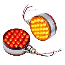 AMOPA 2pc 4" Round Double Face Red/Amber 48 LED Pedestal Fender Lights Turn Signal Chrome Miro-reflex Sealed Replacement for Kenworth/Peterbilt/Freightliner/Western Star Trucks Semi Trailers