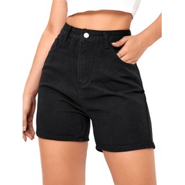 SweatyRocks Women's High Waist Straight Leg Denim Shorts Solid Jean Shorts Summer Hot Pants with Pockets Black XL