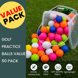 FINGER TEN Golf Practice Balls Foam Colored Value 50 Pack with Bucket, Golf Ball Lightweight Limited Flight for Men Women Driving Range Backyard Training (Muticolor)