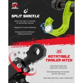 AMBULL Rotatable Split Shackle Trailer Hitch Receiver & 2-Inch Ball Mount, 3/4" Jowl Split Shackle with 2" Towing Ball Mounts, 23T/50706Lbs Break Strength Heavy Duty Towing Recovery Hitch, Blackgreen