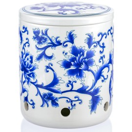 ZENWUKONG Blue and White Porcelain Garlic Keeper Jar - 30oz Floral Ceramic Storage Container for Countertop, Breathable Design for Garlic, Chili, Ginger & Produce, Gift-ready Porcelain Artistry