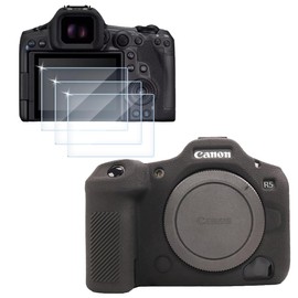 Camera Case for Canon EOS R5 Mark II, Soft Silicone Protective Cover + 3PCS Tempered Glass Screen Protectors, Anti-Scratch Shockproof Camera Accessories - Black (Black)