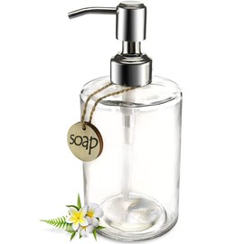 JASAI 16OZ Cylinder Glass Soap Dispenser with Rust Proof Stainless Steel Pump, Refillable Bathroom Soap Dispenser for Hand Soap, Dish Soap, Liquid Soaps and Kitchen (Clear)