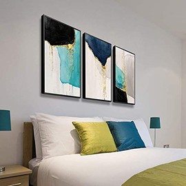 ARTLAND Teal Abstract Wall Art 3 Pieces with Turquoise Gold Marble Framed Art Wall Decor for Home Decor Living Room Bedroom Office Stretched and Framed Ready to Hang 28x60 inches