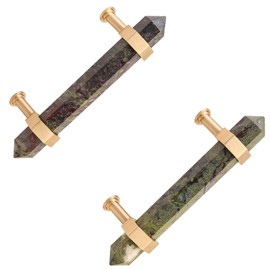 SUNYIK Pack of 2 Dragon Bloodstone Faceted Crystal Point Cabinet Knob with Screws, Hexagonal Double Point Stone Kitchen Cabinet Handle Dresser Hardware Decor, Brass Handle