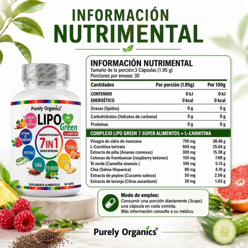 Lipo Green Carnitina Vinagre Manzana Cetonas Frambuesa Verde Chía Piña
