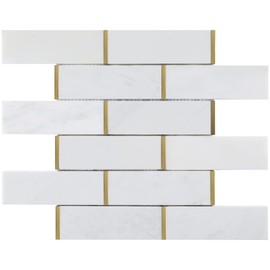 NBG-2 2x6 White and Gold Metal Stainless Steel Polished Marble Tile (1 Sheet)