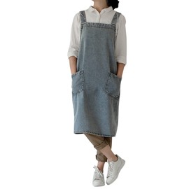 Denim Cotton Canvas Cross Back Aprons Solid Color Shop Kitchen Garden Square Smock for Women Girls with Pockets (Denim Lightblue, 41Wx 33L)