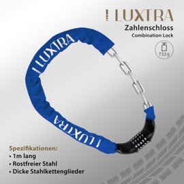 Luxtra Bicycle Lock - 1 m Chain, Bicycle Lock High Security, Combination Lock, Children's Robust Bicycle Accessories, Bike Lock (Blue)
