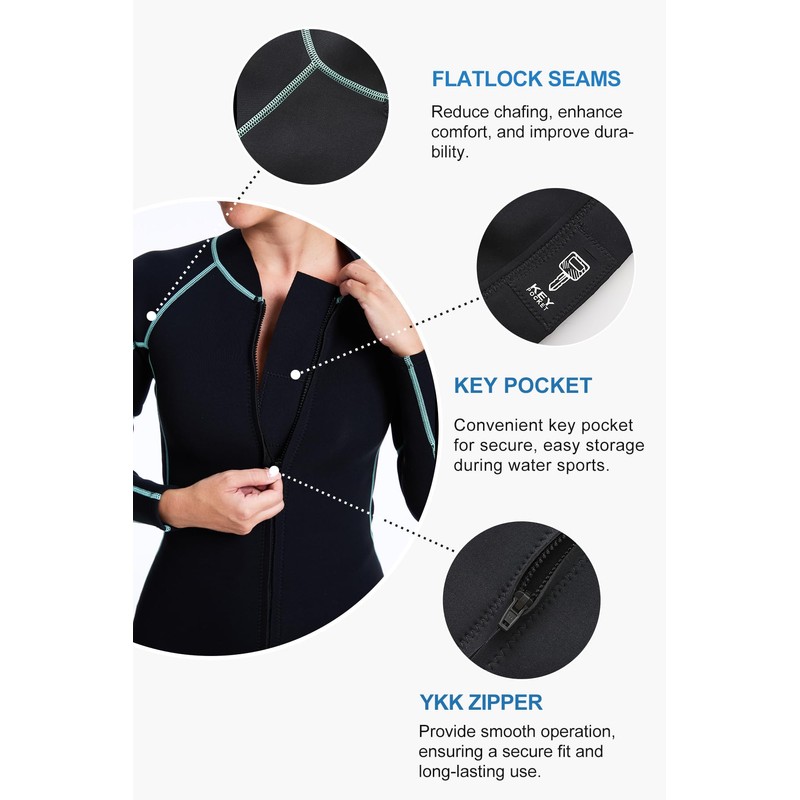 Lemorecn Womens 2mm Neoprene Long Sleeve Jacket Front Zipper Wetsuit