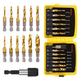 OCR 13PCS Titanium Drill Tap Set, HSS SAE & Metric Drill and Tap Bits with Quick Change Adapter, 3-in-1 Tool for Drilling, Tapping, Countersinking for Metalworking (Yellow)