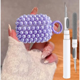 Cute Glitter Pearls Case for Airpods Pro 2/1 Cover Girls Women, Soft Handmade Beads TPU Airpods Pro 2nd/1st Generation Protective Cover with Cleaner Pen&Keychian for Air Pod Pros Gen 2/1, Purple