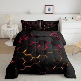 Manfei Honeycomb Comforter Set Full Size Geometric Hexagon Bedding Set 3pcs for Kids Boys Teens Room Decor Yellow Red Neon Lights Duvet Insert Modern Fashion Luxury Down Comforter with 2 Pillowcases