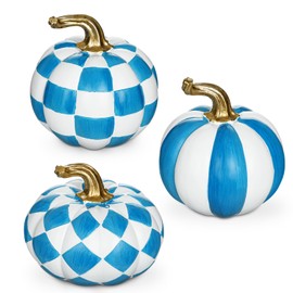 3-Piece Blue and White Resin Pumpkin Set, Coastal Fall Decor