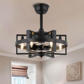 18.5" Black Caged Ceiling Fan with Light, Reversible Motor, 6 Speeds,Industrial Rustic Low Profile Ceiling Fan with Light and Remote, Farmhouse Fan Lights Ceiling Fixtures for Kitchen, Bedroom…