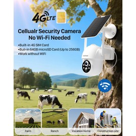 FOSSENXE 4G LTE Cellular Security Camera, Solar Security Camera, 2K Color Night Vision, 360° Pan Tilt Auto-Tracking, Motion Detection, 2 Way Talk, with SIM Card and 64GB SD Card, No WiFi Needed