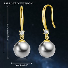 JAXXEL Light Gray Pearl Earrings for Women, Fishhook Pearl Drop Earrings with Platinum Plated CZ Diamond, 5A+ Cubic Zirconia Pearl Dangle Earrings Fine Jewelry for Ladies 12MM