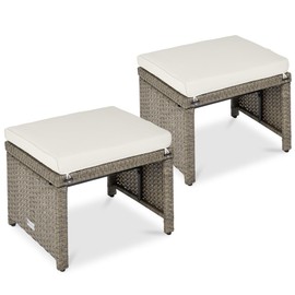 Best Choice Products Set of 2 Wicker Ottomans, Multipurpose Outdoor Furniture for Patio, Backyard, Additional Seating, Footrest, Side Table w/Removable Cushions, Steel Frame - White Sand/Taupe