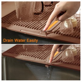 iWord Dish Drying Mat, Silicone Mats for Kitchen Counter with Drain Hole Design, Eco Friendly Dish Drying Rack Mat, Kitchen Gadgets Kitchen Accessories , Brown