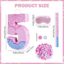 Pink Spider Web Number 5 Pinata, 16 Inch Spider Web Piñata for Boys Girls 5th Birthday Party Decorations with Stick, Blindfold and Confetti (Spider Web Number 5 Pinata)