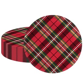 LeZakaa 25Pcs Christmas Paper Plates - Vintage Red and Black Plaid Design Disposable Party Plates Decorative Tableware Supplies Table Decor - 7 Inch